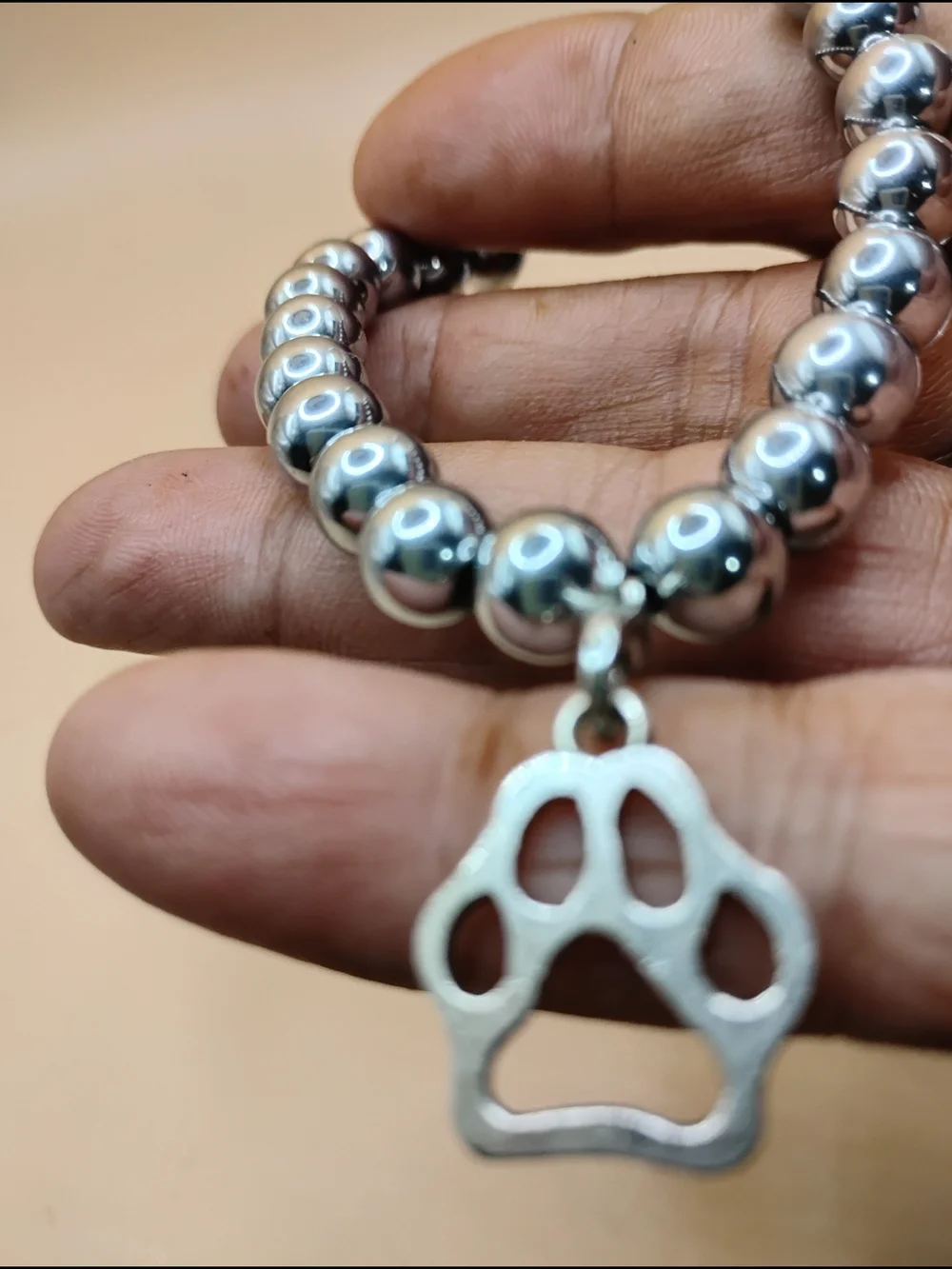 Silver Beaded Bracelet with Paw Charm - Unbranded